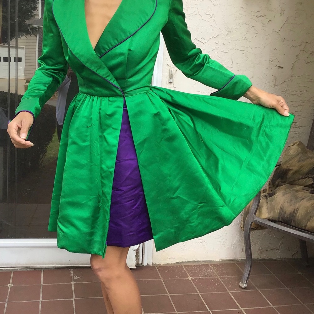 Vtg Bob Mackie satin coat dress tuxedo green XS - Picture 10 of 11